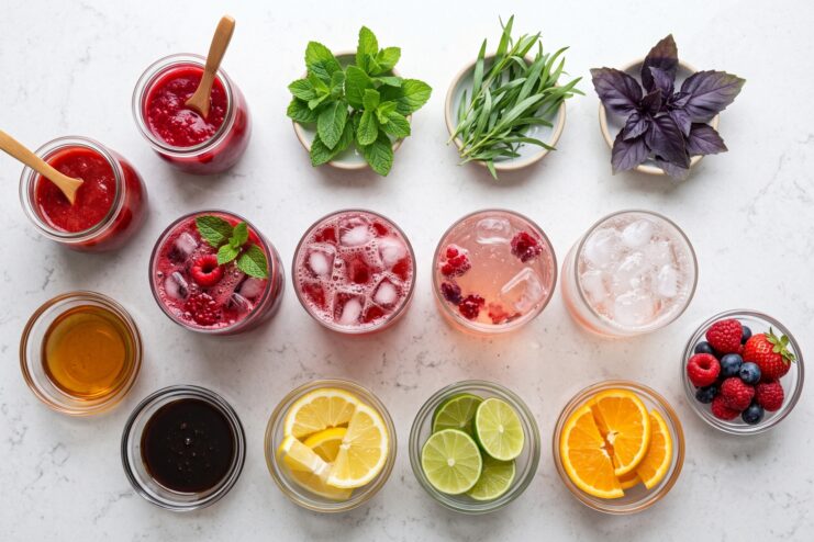 Ingredients for homemade children's lemonades including berries, citrus fruits, fresh herbs, and natural syrups