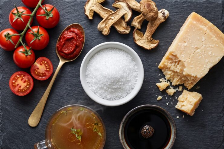 Ingredients providing natural umami flavor High-umami ingredients on a dark background: cheese, tomatoes, broth, soy sauce, and mushrooms surrounding a bowl of salt.