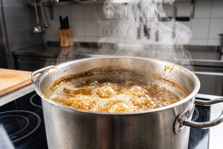 Vigorous Boiling Destroying Broth Aroma Broth boiling vigorously in a pot on a stovetop burner