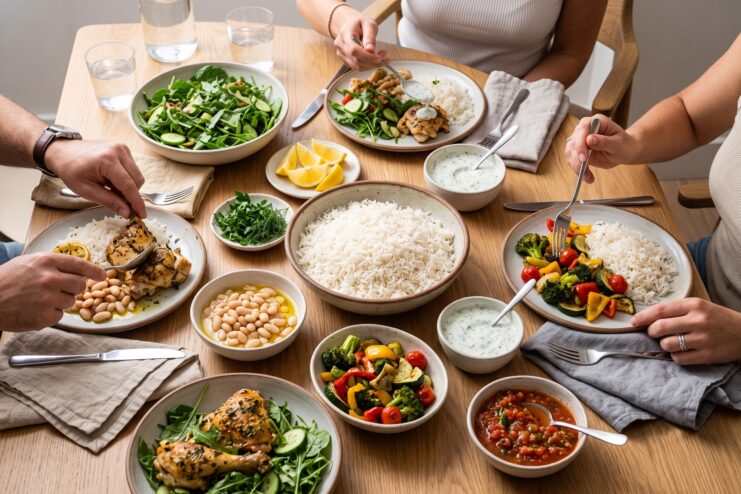 People sharing a meal at a table filled with assorted plates of rice, fresh vegetables, chicken, and savory sauces