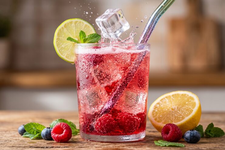 Refreshing homemade berry lemonade with raspberries, blueberries, lime, mint, and ice cubes