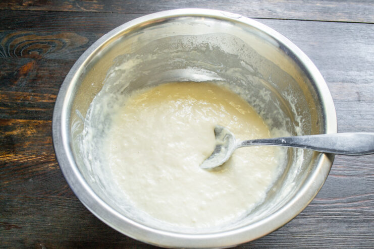 Thick levain mixture for rye bread resting in a bowl