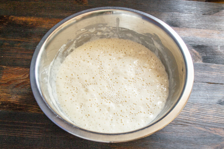 Fluffy bubbly fermented levain ready for dough mixing