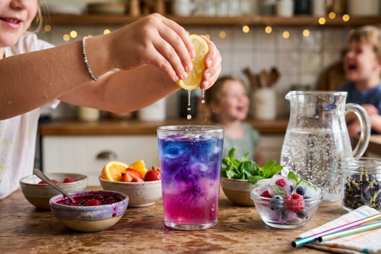 A child squeezing lemon juice into blue Anchan tea causing it to change color to purple