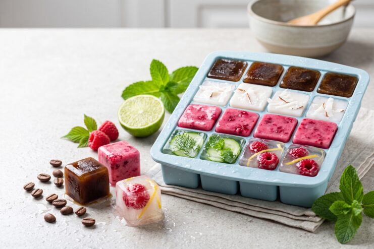 Colorful flavor ice in a silicone tray Silicone tray with colorful flavor ice cubes made of berries, coffee, coconut, and cucumber resting on a table.
