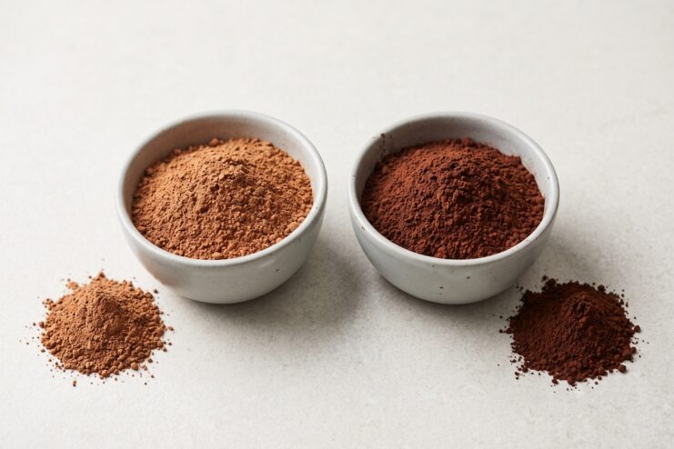 Comparison of Cocoa Powders Natural and Dutch-processed cocoa powder side by side in small bowls