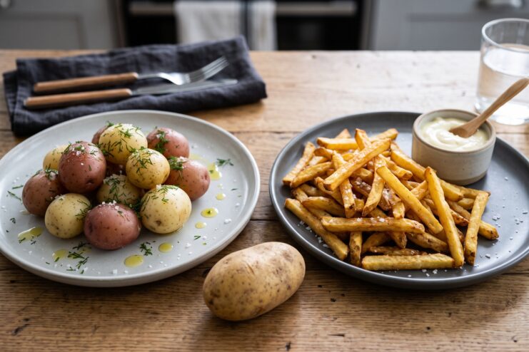 Side-by-side comparison of healthy boiled potatoes with fresh dill and a basket of golden French fries with dipping sauce