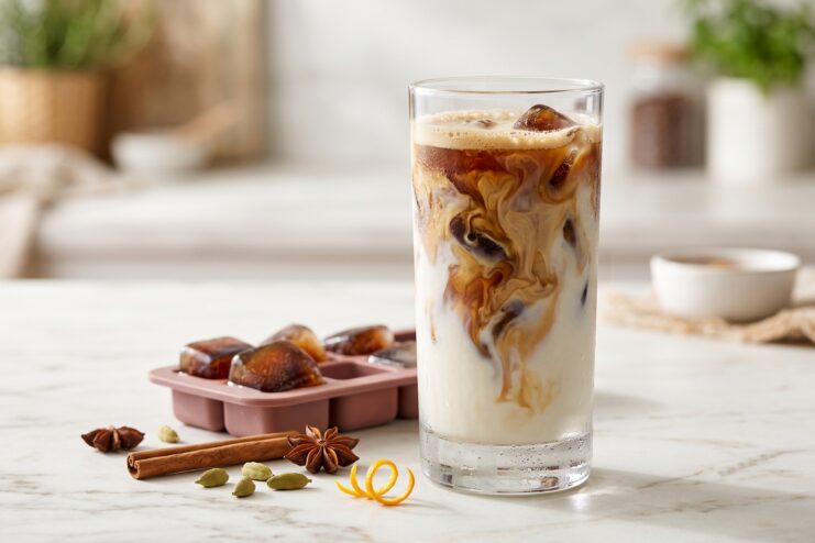 Refreshing iced latte with coffee ice and spices Glass of cold iced latte with coffee ice, milk, cinnamon sticks, and star anise on a table.