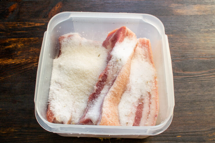 Pork belly generously coated with a mixture of salt and sugar
