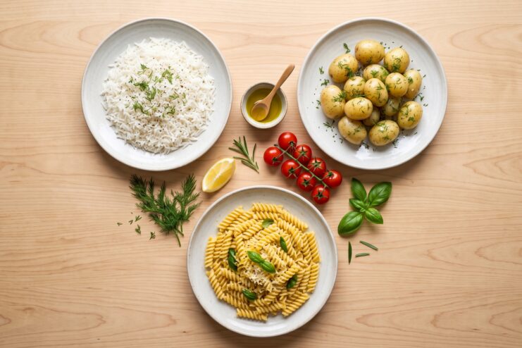 Three plates featuring boiled rice, new potatoes with dill, and spiral pasta arranged on a wooden table