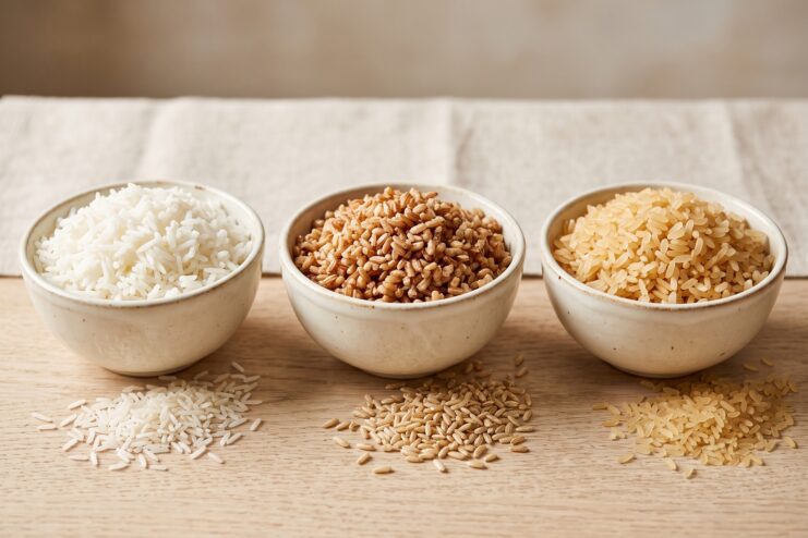 Three small bowls displaying raw white, brown, and parboiled rice grains resting on a textured wooden surface