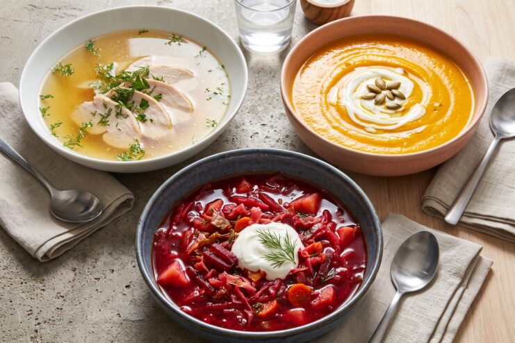 Different Soups Reacting to Dilution Three bowls featuring chicken broth, pumpkin cream soup, and red beetroot soup