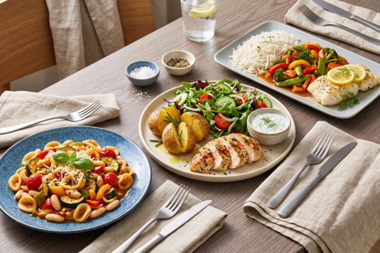 Three balanced meals showcasing vegetable pasta, baked potatoes with chicken, and rice with fish and greens