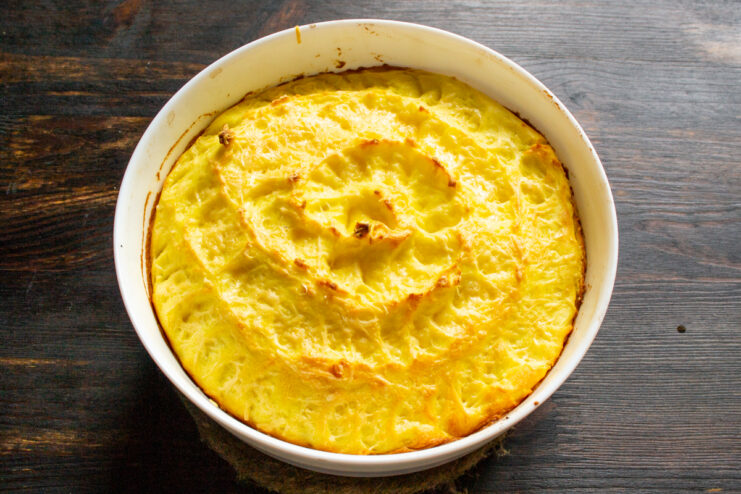 Finished Pie Baked shepherd's pie in a round dish